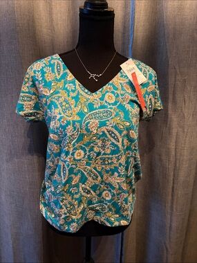 J. Jill Women's Teal Paisley V-Neck Short Sleeve Top